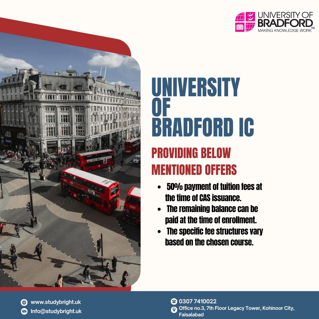 Study_Bright's tweet photo. University of Bradford IC

🌟 50% payment of tuition fees at the time of CAS issuance.
🌟 The remaining balance can be paid at the time of enrollment.
🌟 The specific fee structures vary based on the chosen course. https://t.co/bZ91B38bzJ