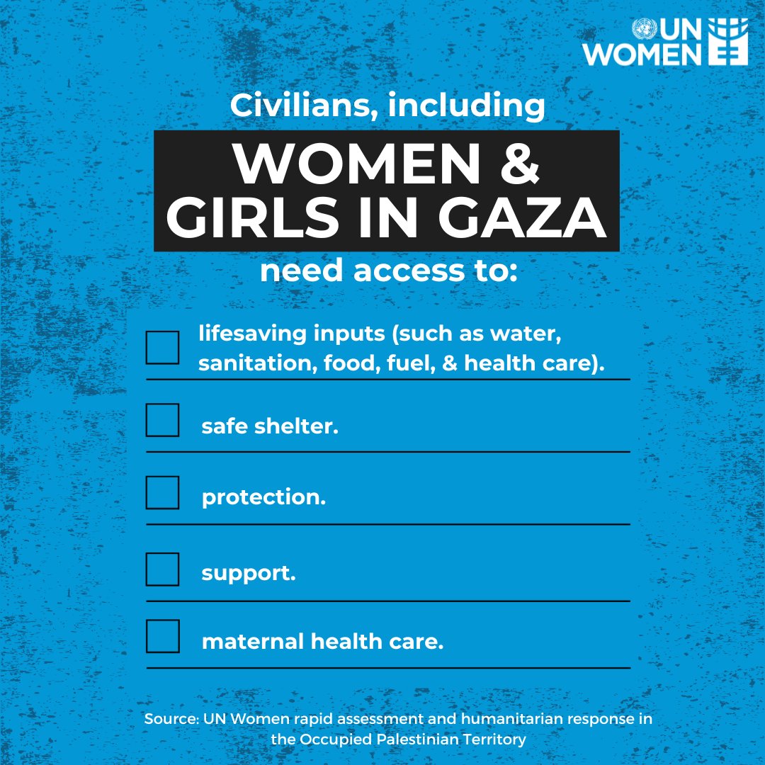 Civilians, including women &amp; girls in #Gaza URGENTLY need:
✅Lifesaving inputs, like water, sanitation, food &amp; fuel.
✅Safe shelter.
✅Protection support.
✅Maternal health care.

👉More on our Rapid Assessment &amp; Humanitarian Response report: unwo.men/ER8r50PZ7Ne
