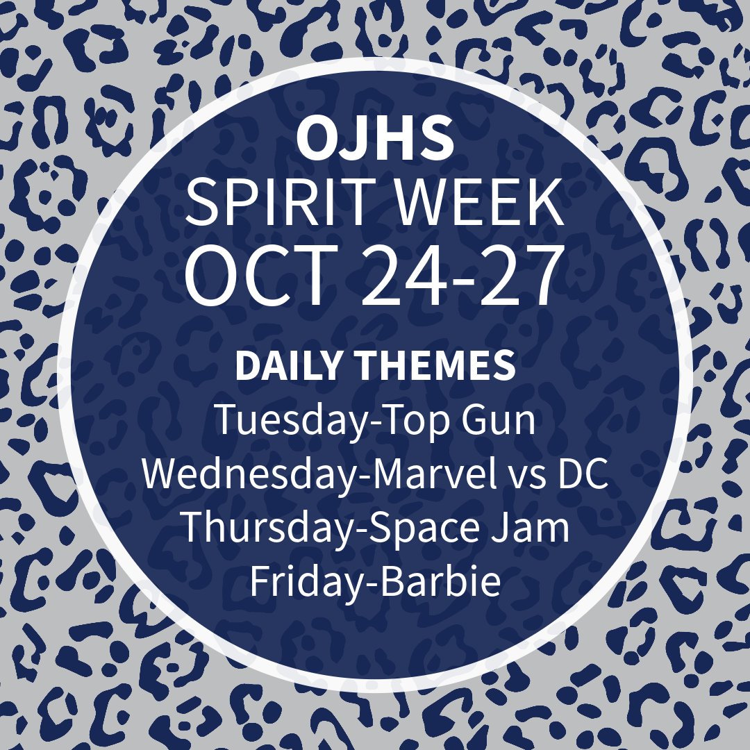 OJHS Spirit Week is coming up this week!  Get ready to celebrate our school with dress-up days, lunchtime activities in the commons, a spirit assembly, and a dance!