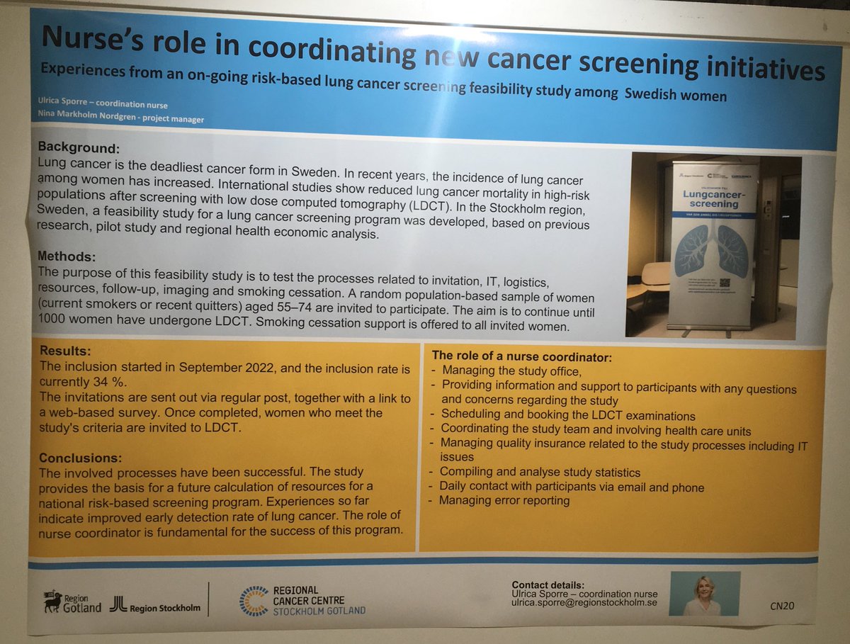 Nurses role in new cancer screening initiatives, here feasibility study on lunc cancer screening for smoking/ex-smoking women in Stockholm, Sweden @nina_nordgren @RCCSthlmGotl #ESMO2023 #EONS16 #PrEvCan