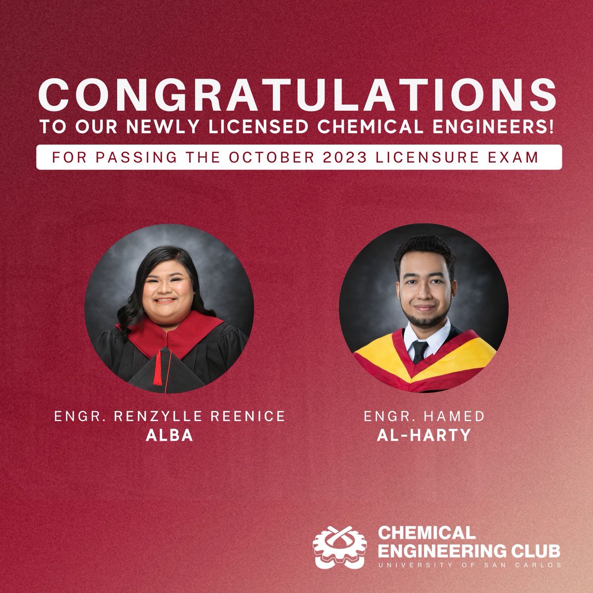 uscchec's tweet photo. 𝐂𝐨𝐧𝐠𝐫𝐚𝐭𝐮𝐥𝐚𝐭𝐢𝐨𝐧𝐬 𝐭𝐨 𝐨𝐮𝐫 𝐧𝐞𝐰𝐥𝐲 𝐥𝐢𝐜𝐞𝐧𝐬𝐞𝐝 𝐂𝐡𝐞𝐦𝐢𝐜𝐚𝐥 𝐄𝐧𝐠𝐢𝐧𝐞𝐞𝐫𝐬!

The USC - Chemical Engineering Club celebrates the success of 7 new Chemical Engineers from the organization for passing the ChE licensure exam.

#ChECmarked https://t.co/AZAA2NmSWp