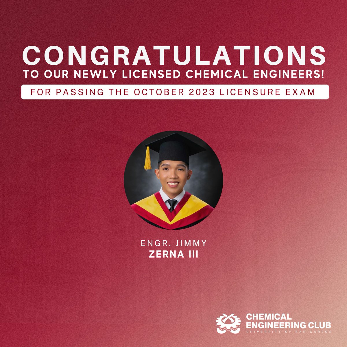 uscchec's tweet photo. 𝐂𝐨𝐧𝐠𝐫𝐚𝐭𝐮𝐥𝐚𝐭𝐢𝐨𝐧𝐬 𝐭𝐨 𝐨𝐮𝐫 𝐧𝐞𝐰𝐥𝐲 𝐥𝐢𝐜𝐞𝐧𝐬𝐞𝐝 𝐂𝐡𝐞𝐦𝐢𝐜𝐚𝐥 𝐄𝐧𝐠𝐢𝐧𝐞𝐞𝐫𝐬!

The USC - Chemical Engineering Club celebrates the success of 7 new Chemical Engineers from the organization for passing the ChE licensure exam.

#ChECmarked https://t.co/AZAA2NmSWp