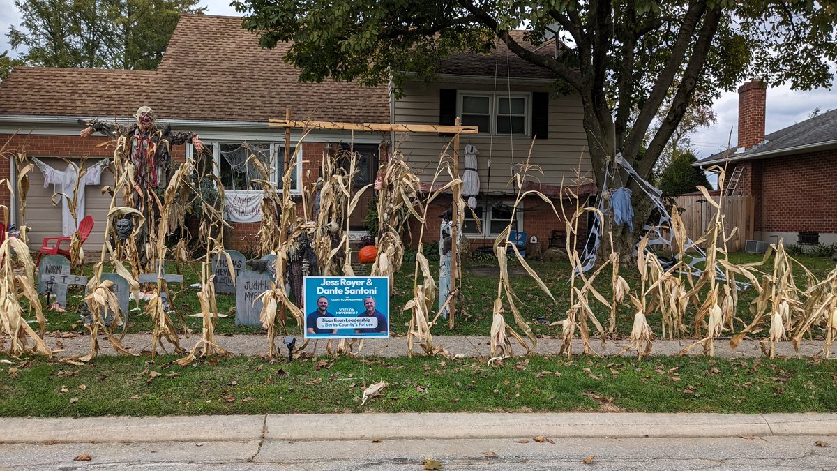 voteyesforjess's tweet photo. Not sure which is spookier...these Halloween decorations or the idea of a sign with my face on it in someone's yard!

We have no intention of inundating Berks County roadways with our signs, but if you want one for your property please let us know. https://t.co/nGyEwbooje