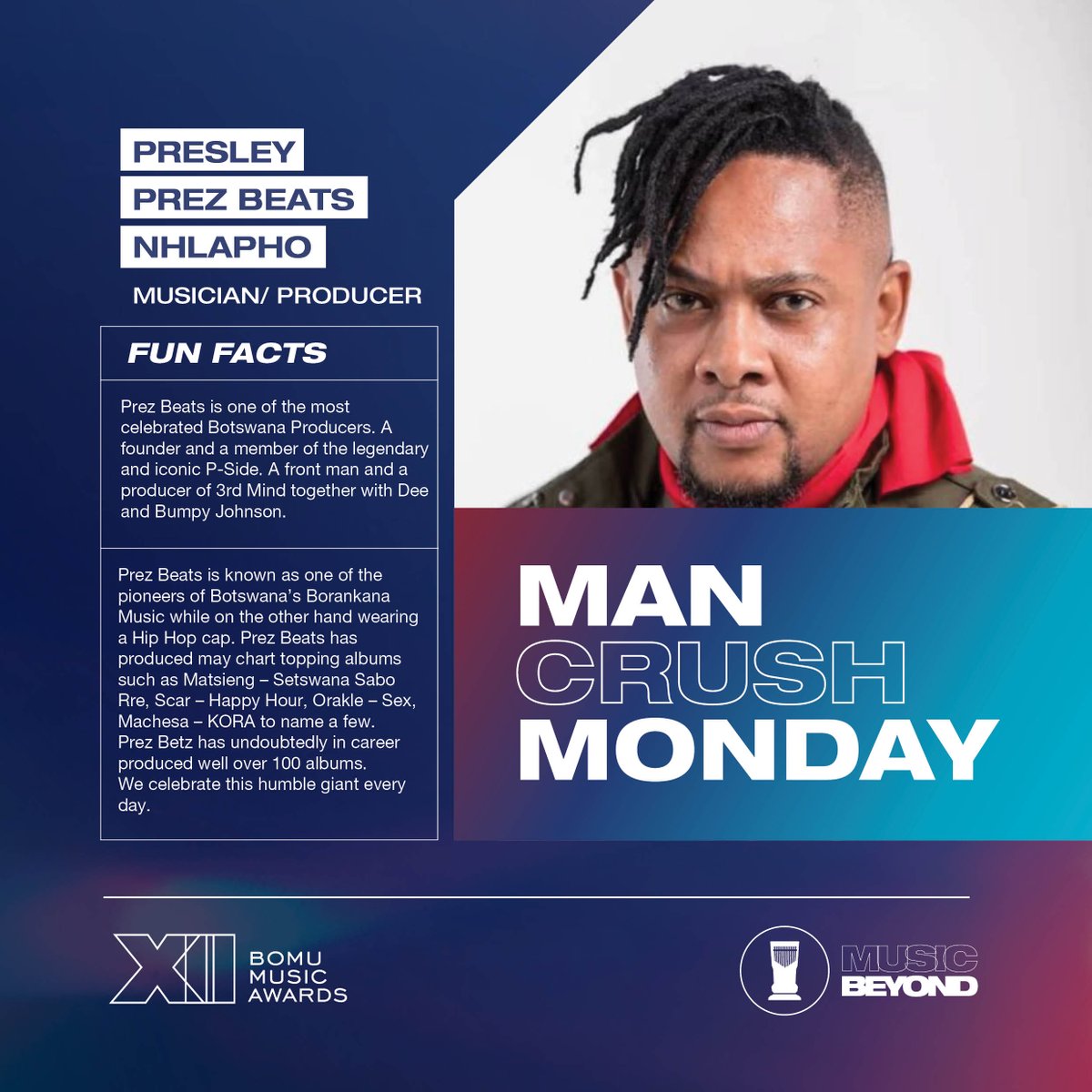 BOMUAwards_'s tweet photo. Prez Beats is one of the most celebrated Botswana Producers. A founder and a member of the legendary and iconic P-Side. A front man and a producer of 3rd Mind together with Dee and Bumpy Johnson.

The BOMU Music Awards to be held on 16 Dec 2023.

#MusicBeyond #BOMUMusicAwards2023 https://t.co/1FXrvuGhlS
