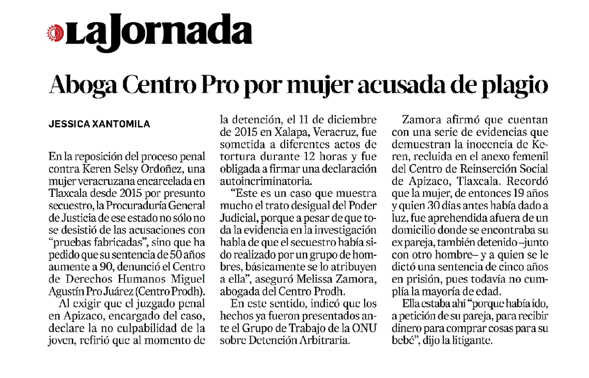 Keren, quien está privada de su libertad en #Tlaxcala por un delito que no cometió, espera la sentencia absolutoria para poder volver a estar con su hija y su familia.

Hacemos el llamado al Poder Judicial del estado: #LibertadParaKeren

Más Info: centroprodh.org.mx/keren-ordonez/
