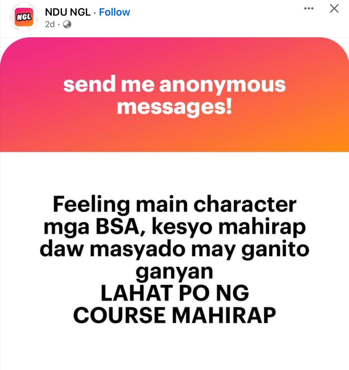 kaizenjcb's tweet photo. Nabasted siguro to ng nililigawan na BSA student kaya nag tantrums si anonymous. 

(c) NDU NGL https://t.co/CmAThvExeK