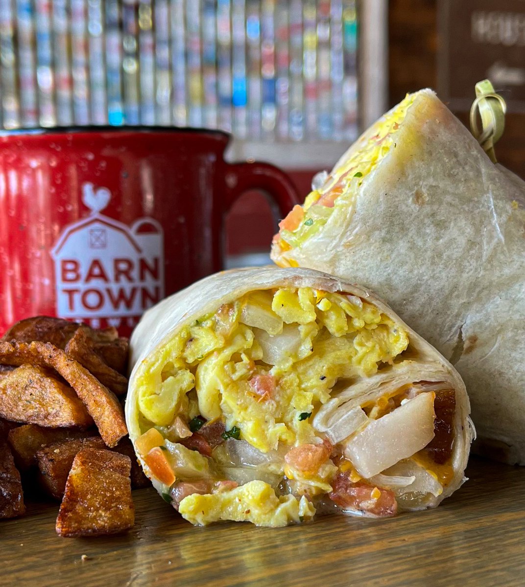 Hungry? Our BRUNCH BURRITO is stuffed with scrambled eggs, cheddar, guacamole, pico de gallo, sour cream &amp; your choice of protein. 

Wake up! It's BRUNCH TIME ☕️
