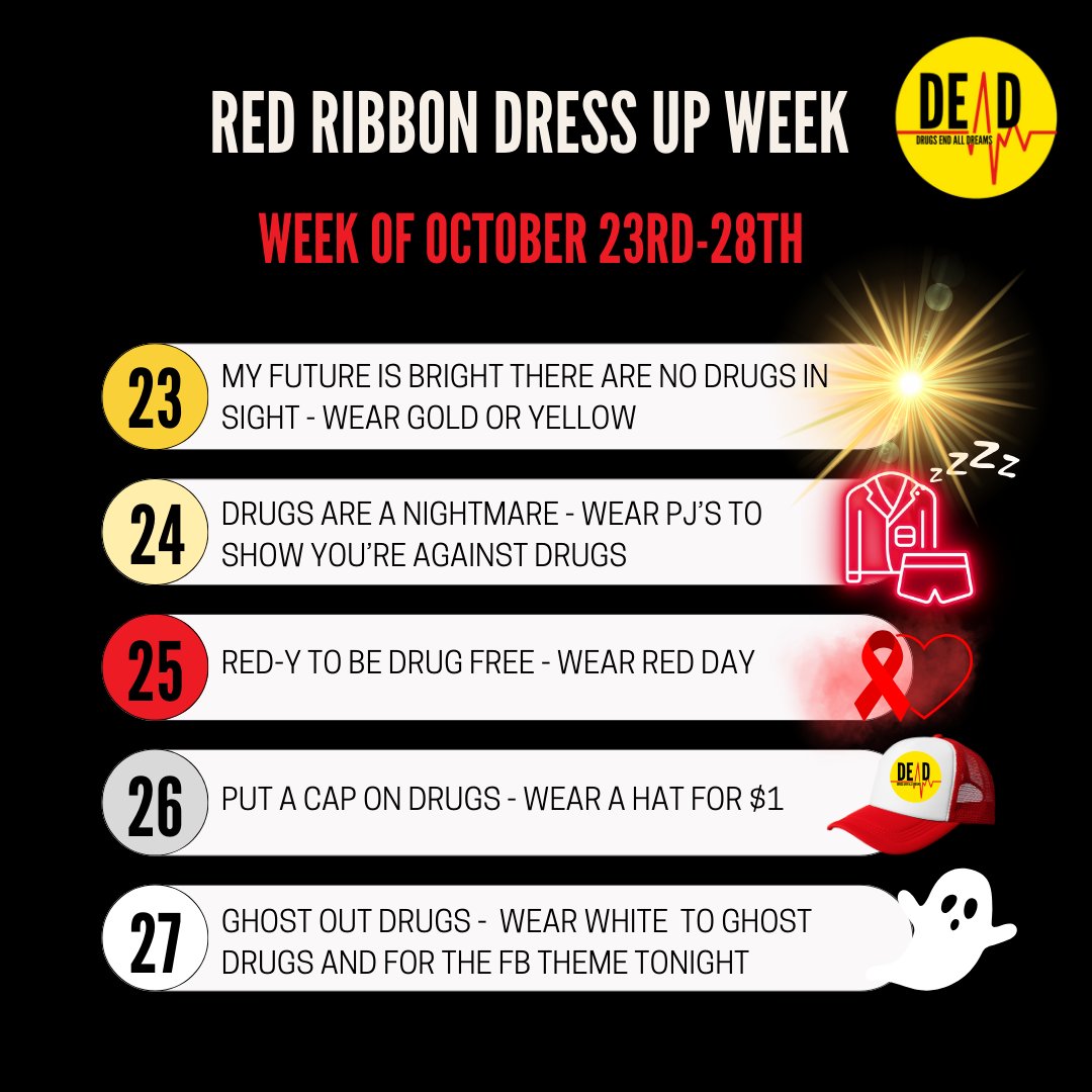 whitehousebdp's tweet photo. π¨RED RIBBON WEEK DRESS UP DAYS!π¨
Monday - Wear Yellow βοΈ
Tuesday - Pajamas π΄
Wednesday - Wear Red β€οΈ
Thursday - $1 Hat Day π§’
Friday - White Out π»
#whitehousebdp #bdp #drugsendalldreams #whitehousedeca #deca #deadcampaign #redribbonweek #justsayno https://t.co/RbojTTmRpm