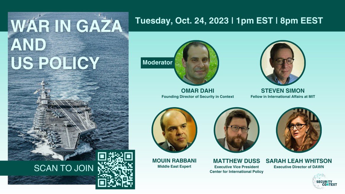 Join us for a timely discussion on “War in Gaza and US Policy” on Tuesday, October 24th at 1 p.m. EST. 

Speakers include @sns_1239, @MouinRabbani, @mattduss and @sarahleah1. Moderated by @omardahi.

Register and join: us02web.zoom.us/j/84179448037