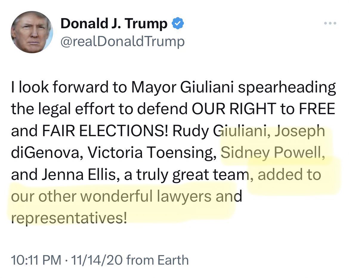 MuellerSheWrote's tweet photo. Further, Powell was his lawyer. He was even going to make her Special Counsel to “investigate” “voter fraud.” https://t.co/40RzXzpwJz