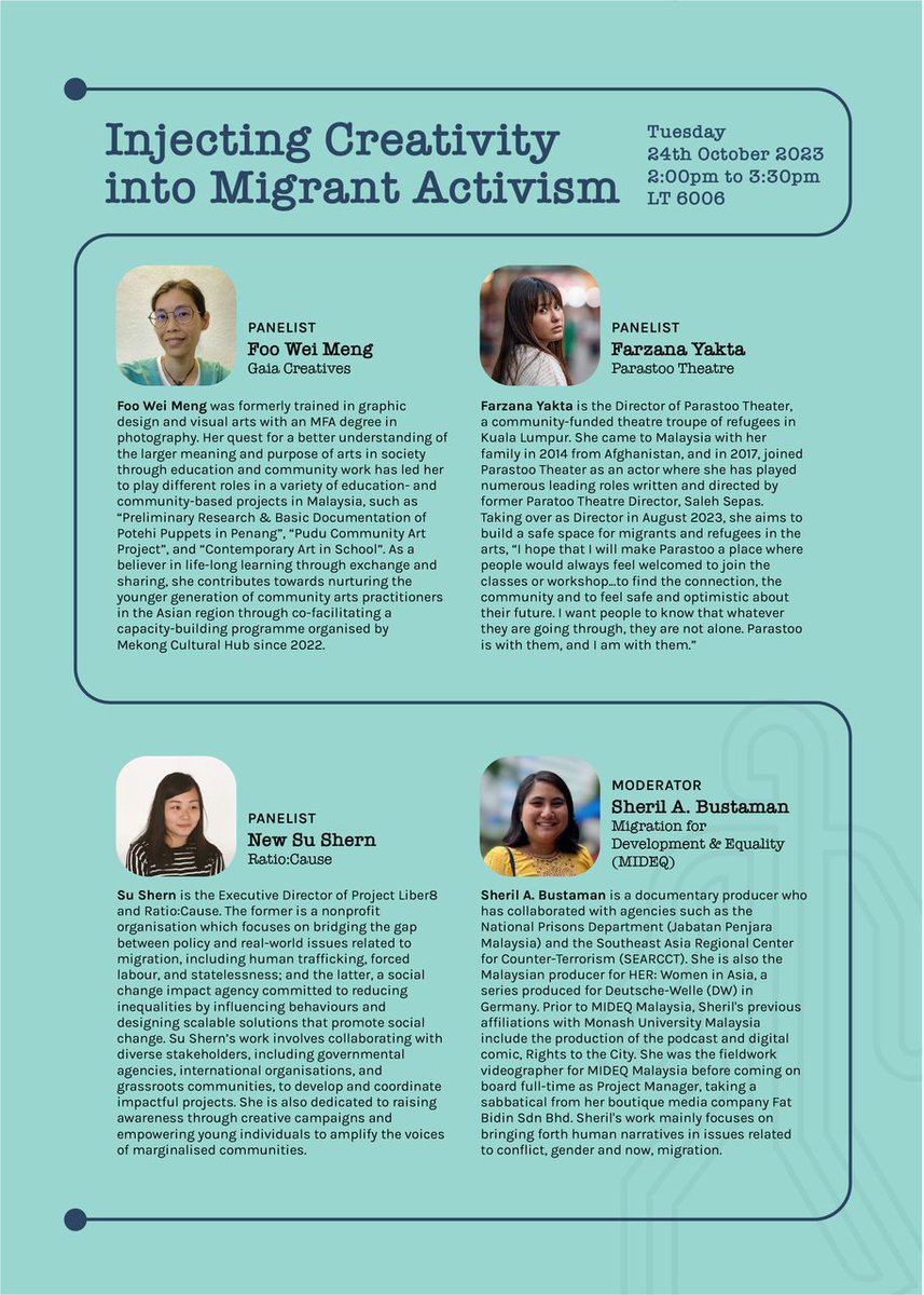 hellenus's tweet photo. As part of the ongoing Mapping Journeys exhibition at Monash University Malaysia, there'll be a panel on Injecting Creativity into Migrant Activism this Tuesday! Panelists will be talking about how they have worked with migrants to tell their stories, incl activities under MIDEQ https://t.co/VLgeCbxDeu