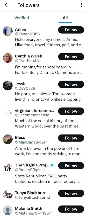 v_theclash's tweet photo. This brand new #VirginiaProject acolyte, likely Dave Gordon himself, is yelling about "grooming" when their first follower is a porn account with graphic videos.
#Cynthia4Ffx, why are you following a supporter of porn on Twitter? Do better #FairfaxGOP and #VAcommonsense. https://t.co/PoMCsn7b8X