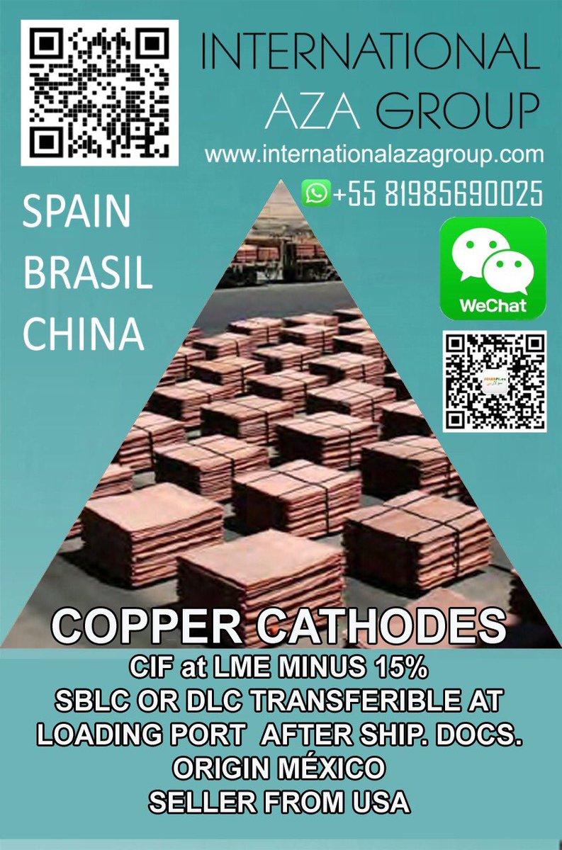 AZAContact's tweet photo. COPPER CATHODES 
CIF at LME MUNUS 15%
SBLC OR DLC TRANSFERIBLE AT, LOADING PORT AFTER SHIP, DOCS .
ORIGIN MEXICO
SELLER FROM USA
#copper #cathodes https://t.co/GS8HAdWEaD