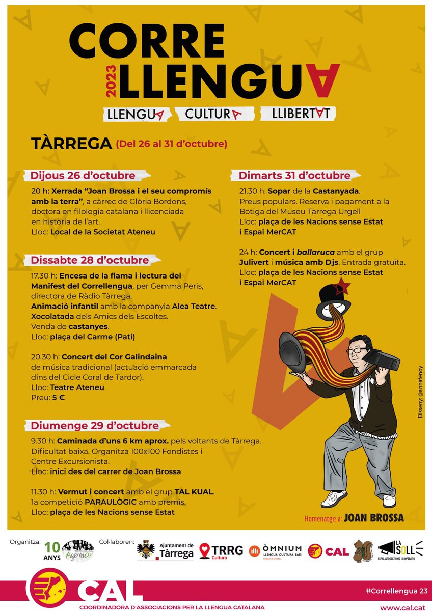 🙌🏼 La propera setmana arriben els actes del CORRELLENGUA a #Tàrrega

👏🏽 Activitats per a tots els públics que inclouen música, animació infantil, xerrada, caminada...

✊🏽 Homenatjant al poeta i artista plàstic Joan Brossa

📲 Consulta tots els actes: culturatarrega.cat/ca/p/programac…