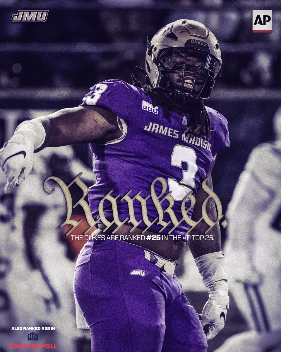 Top-25 Dukes.

JMU is ranked #25 in the AP Top 25 after moving to 7-0 last week. This is the second time JMU has appeared in the poll since moving up to FBS.

#GoDukes
