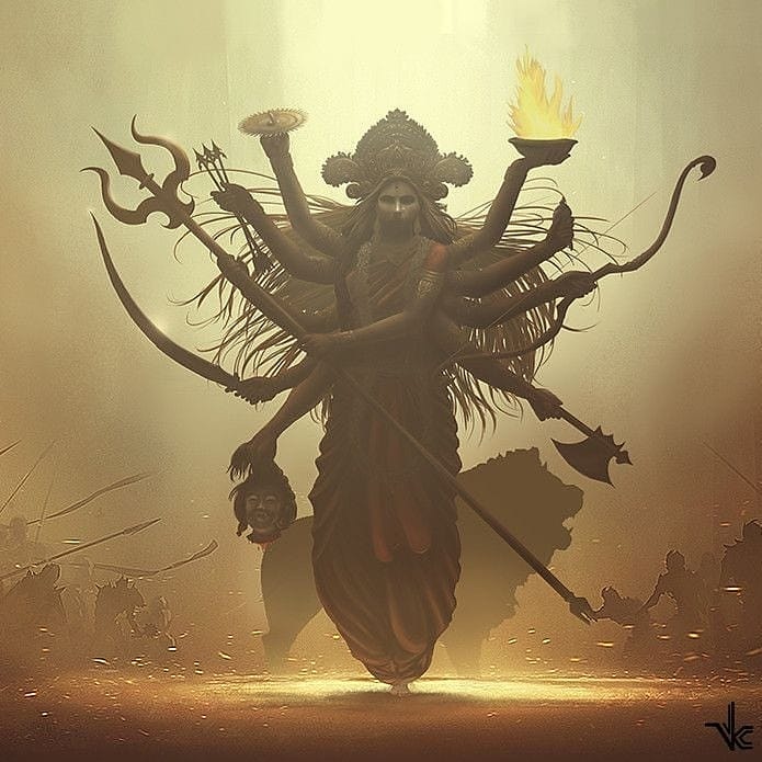 LostTemple7's tweet photo. Some genius blamed me for "weaponizing" Hinduism. 

Here's an image of Bhagwati, find me a शांतिपत्र in her hands. https://t.co/r23BgIvF3u