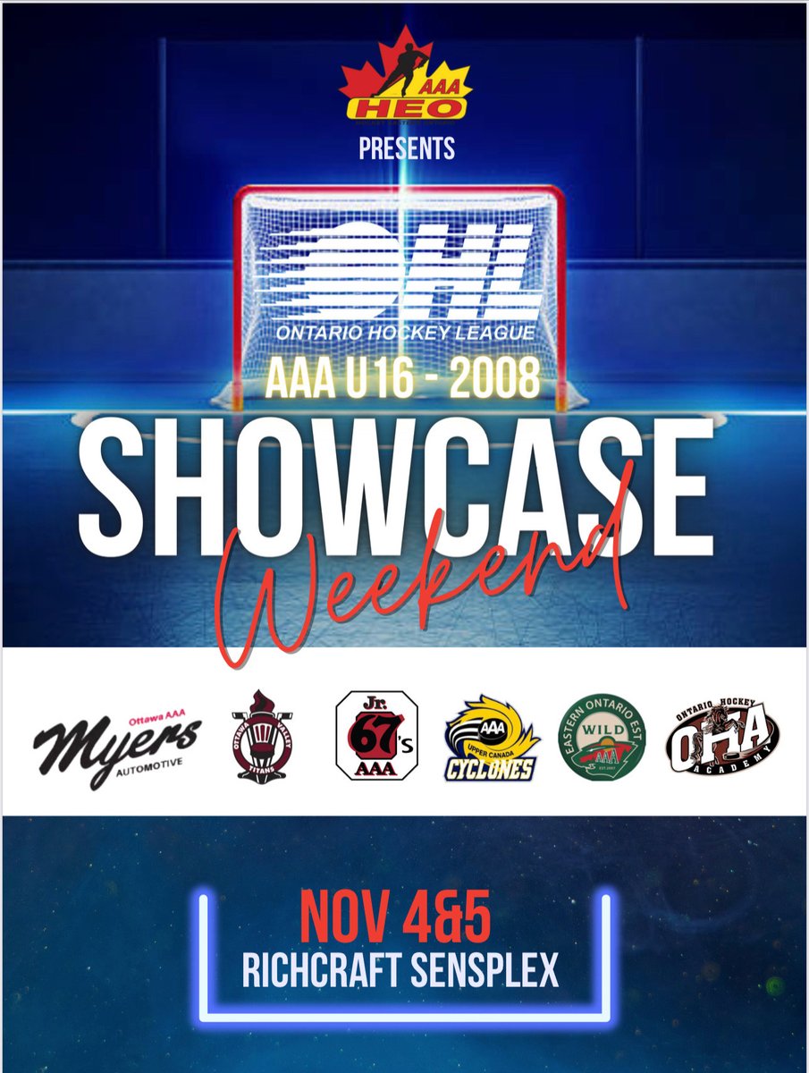 Jr67sAAAHockey's tweet photo. ⭐️⭐️ OHL SHOWCASE WEEKEND ⭐️⭐️

📅NOVEMBER 4-5,2023
📍Richcraft @Sensplex 
🎥@livebarnsports

Event schedule coming soon.
@OHLHockey  @heoaaaleague #ohldraft2024 https://t.co/PnJv3vkapX