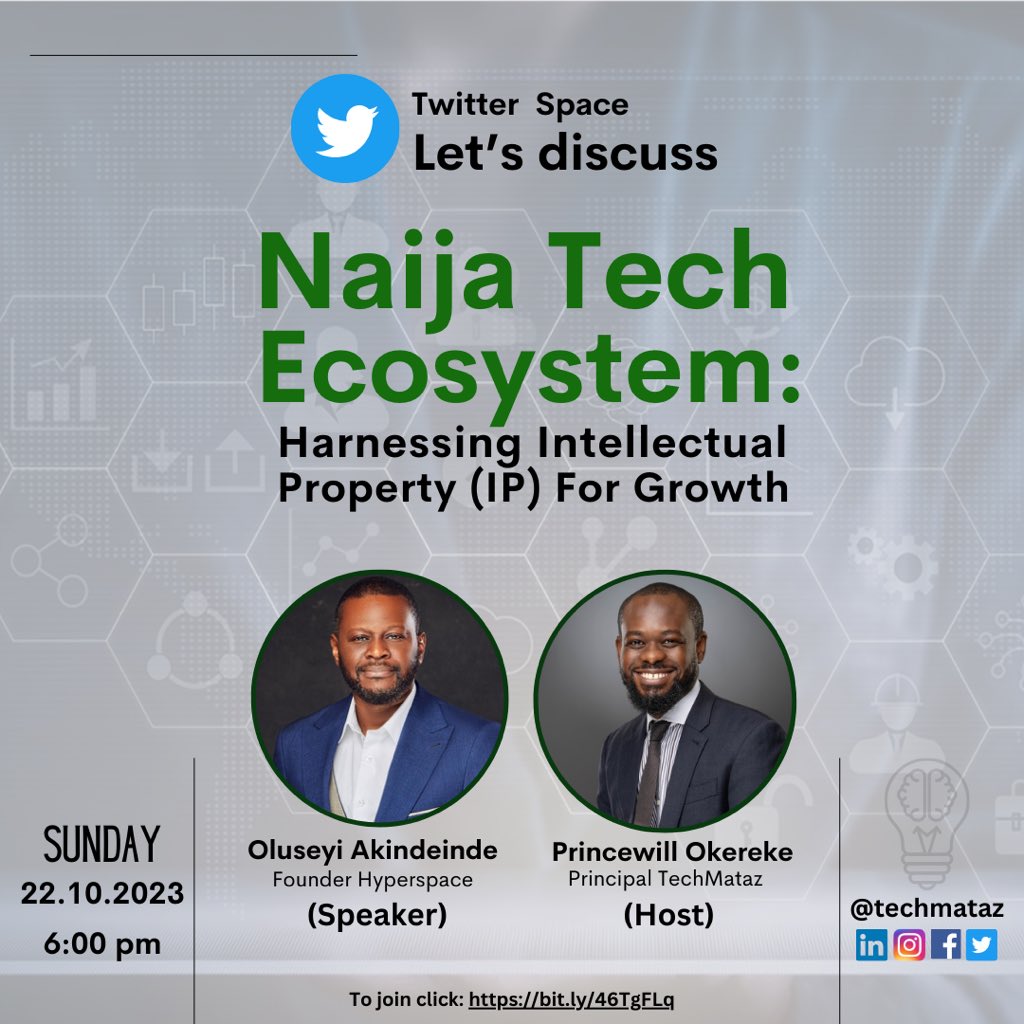 DrOlu_'s tweet photo. Will be discussing all things Intellectual Property, patents, trademarks and the Nigerian tech ecosystem with @techmataz today by 6pm https://t.co/rVe6U4wZLW