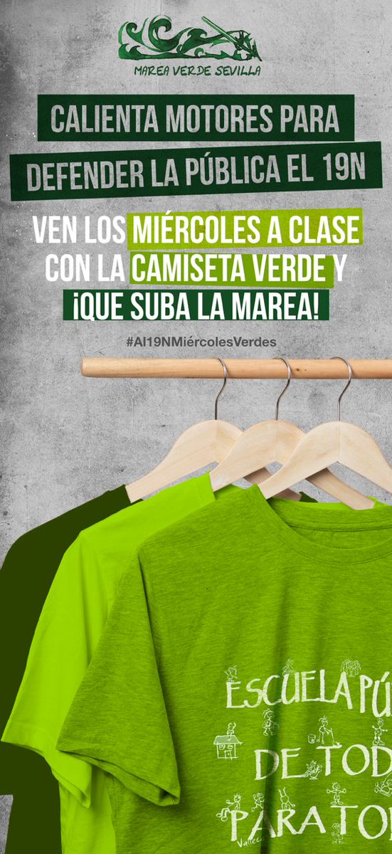 MareaVerde_SE's tweet photo. 📣¡Calentamos motores  de cara a la gran manifestación por la educación pública del 1️⃣9️⃣N!

🤳Súmate a los miércoles verdes llevando camiseta, chaqueta o sudadera de este color y mándanos tu foto o súbela a redes sociales con el hashtag #Al19NMiércolesVerdes 💚🌊✊ https://t.co/3FHtLS7Uzm