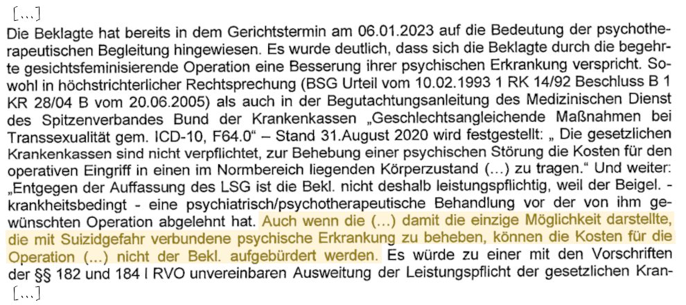 Ich möchte gerne von euch eure Meinung zu der im Tweet angehängten Stellungnahme meiner Krankenkasse.

Kontext:
Ich habe im Jahr 2021 meine Krankenkasse auf Übernahme mehrere wichtige angleichenden OPs verklagt. Dem liegt zugrunde, dass ich bereits 2020 einen Antrag auf

1/7