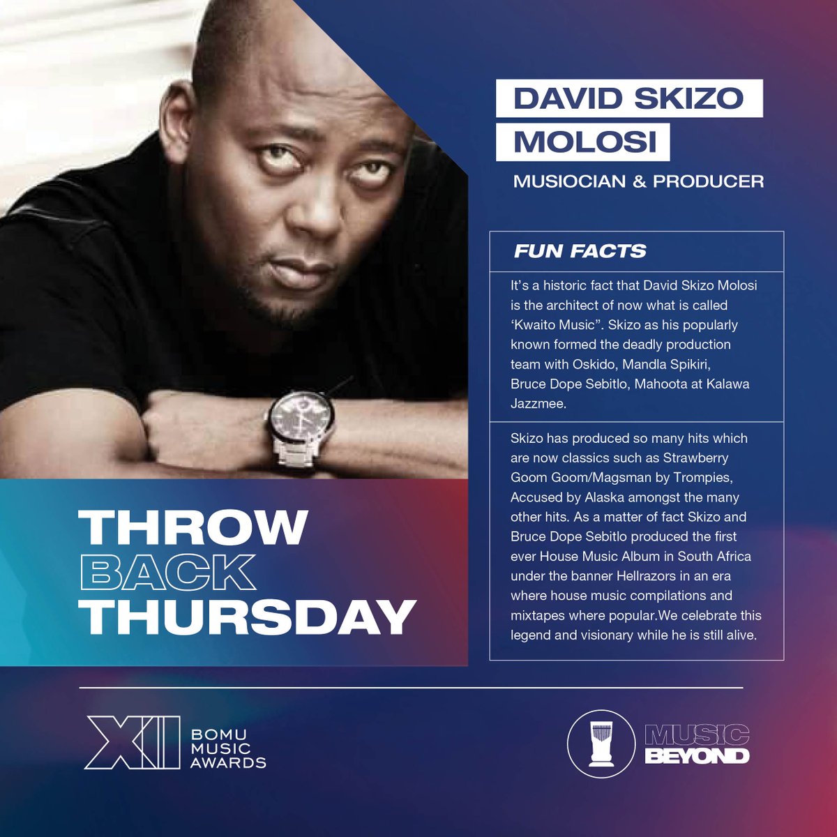 BOMUAwards_'s tweet photo. It’s a historic fact that David Skizo Molosi is the architect of now what is called ‘Kwaito Music”. Skizo as his popularly known formed the deadly production team with Oskido, Mandla Spikiri, Bruce Dope Sebitlo, Mahoota at Kalawa Jazzmee.

#MusicBeyond #BOMUMusicAwards2023 https://t.co/JA4iUVbPpz
