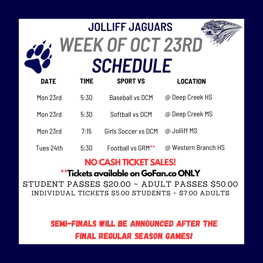 JolliffMiddle's tweet photo. 🚨Fall Sports for the Week of Oct 23rd! ⚽️🏈⚾️🥎📣

8️⃣th Grade Nights continue this week! 

Semi-finals will be announced after regular season games conclude. 

#GameOnJAGS #JaguarSports #studentathletes https://t.co/B9uDsF4PEq