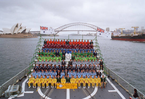 parody911's tweet photo. The nine competing teams on board a ship during the opening ceremony of the 1992 Cricket World Cup, Sydney, Australia, February 1992. From front to back, Australia, England, India, New Zealand, Pakistan, South Africa, Sri Lanka, West Indies and Zimbabwe🌏🏆 https://t.co/EDjOB7CKhY