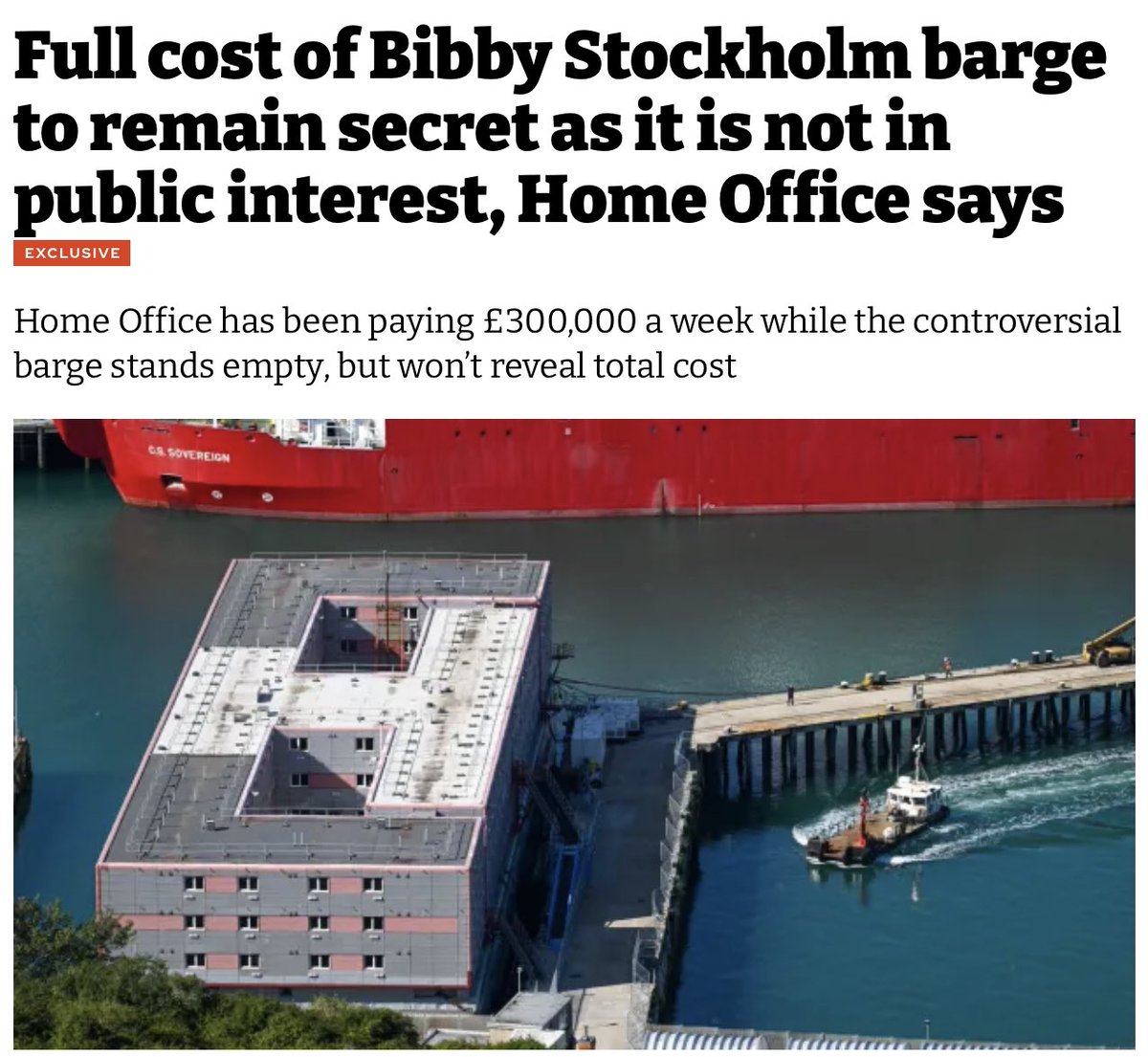 Not in the public interest to let the people who are paying for it - you and me - know the true cost of the Bibby Stockholm barge accommodation as a few asylum seekers are sent back there after Legionella scare bit.ly/3Q58tBe