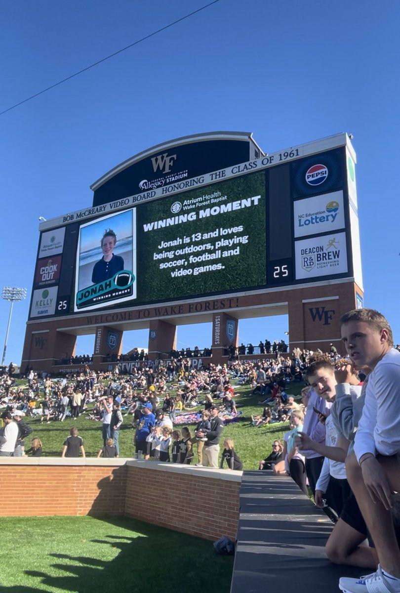 We were honored to host Jonah and his family at yesterday’s @WakeFB homecoming win! Jonah bravely fights his leukemia diagnosis through treatment at @brennerhospital right here in Winston-Salem. #GoDeacs🎩 | @AtriumHealthWFB