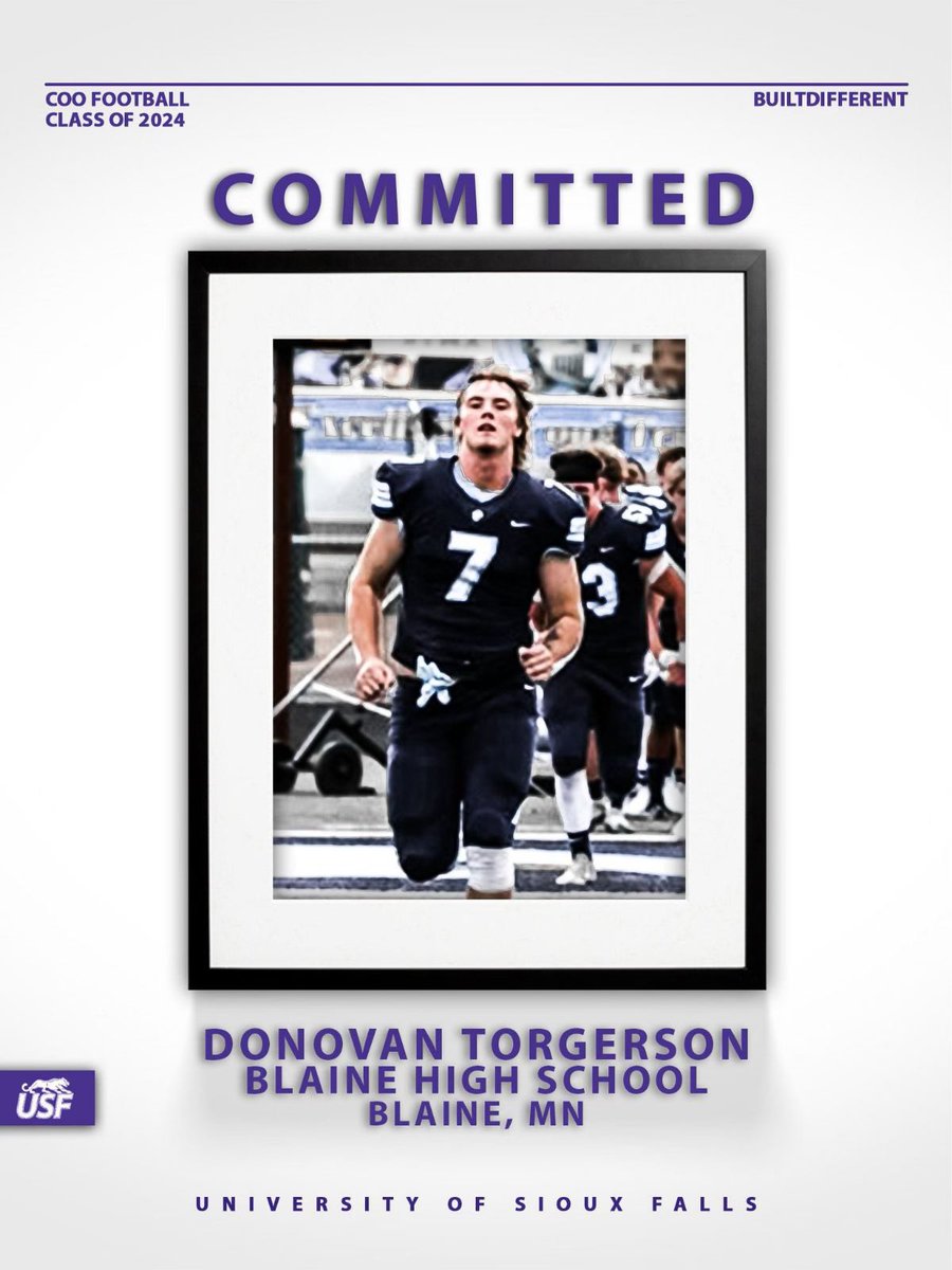 I’m excited to announce my commitment to further my academic and athletic career at The University of Sioux Falls! Thank you to my friends, family, and coaches for helping me get here. Thank you to <a href="/JimGlogowski/">Coach Glo</a> @CoachGMiller_ <a href="/CoachLueds/">Lucas Lueders</a> <a href="/USFCougarsFB/">USF Football</a> for this opportunity!
