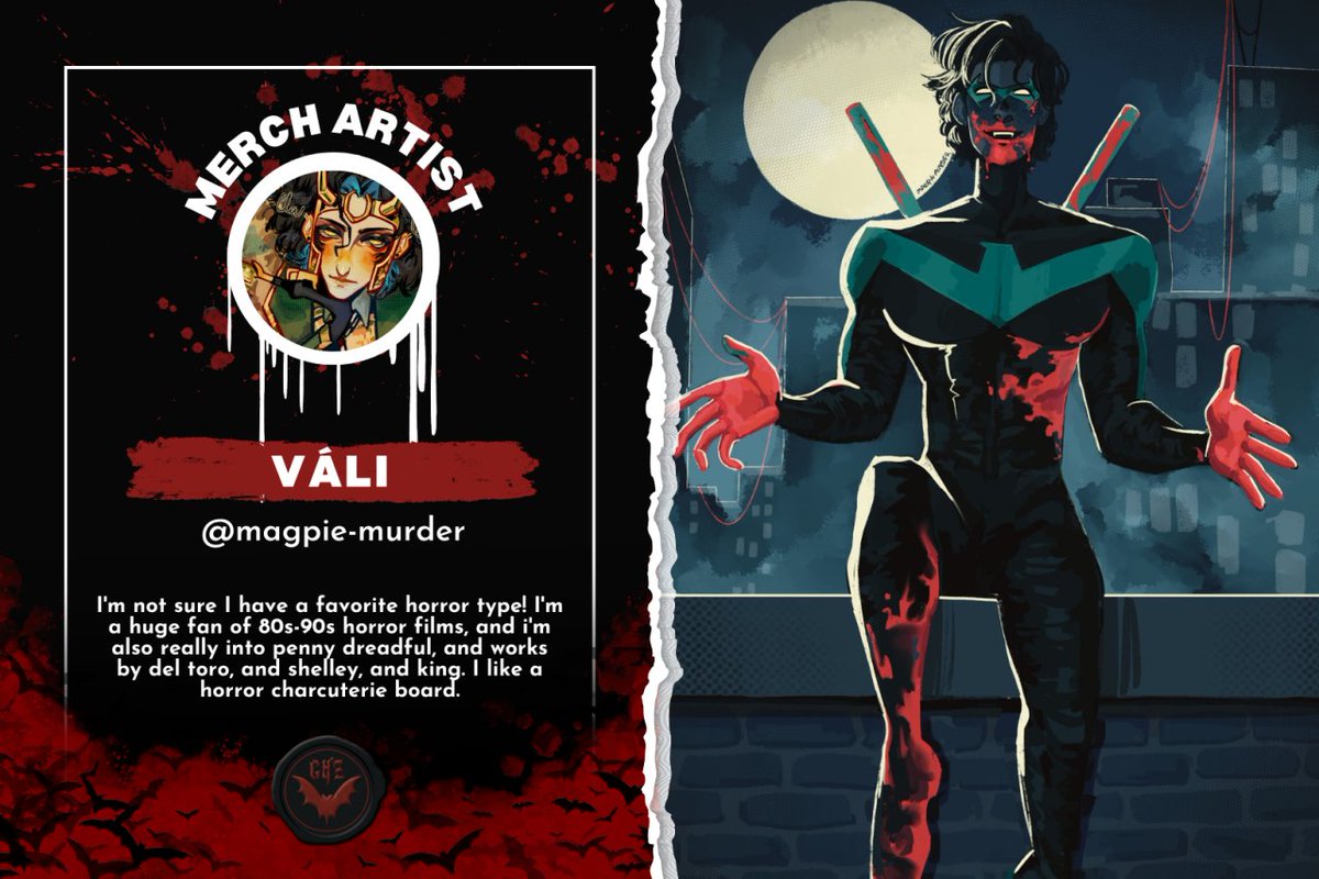 GothamHorrorZ's tweet photo. Introducing our maniacal Merch Artists! 🩸
Marvel at the terrifying trinkets, calamitous colouring pages, and petrifying prints designed by Elle, C_Art, Grinding Sugar, Váli, and Bunn. https://t.co/tJjh42olLZ