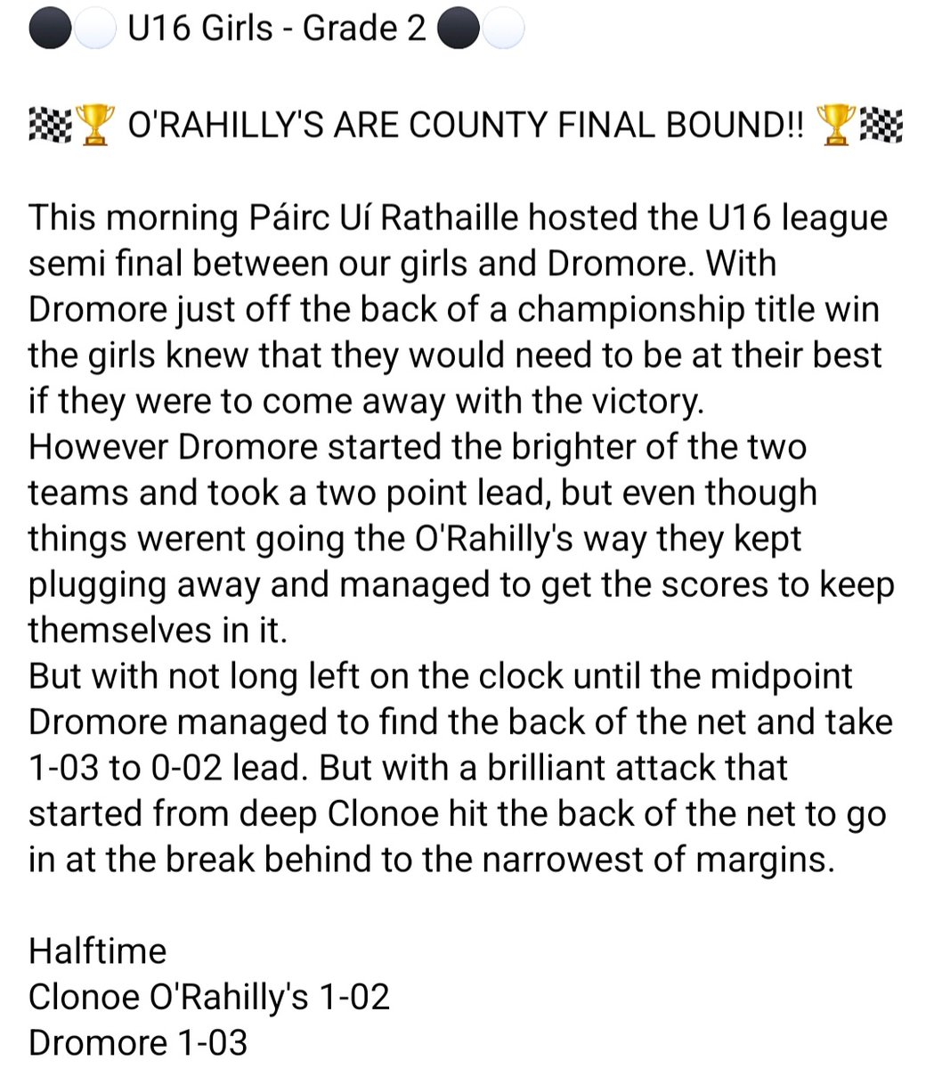 ClonoeORahillys's tweet photo. ⚫️⚪️ U16 Girls - Grade 2 ⚫️⚪️
#youngorahillys #futuresbright #countyfinalbound https://t.co/8Nqibjc49o