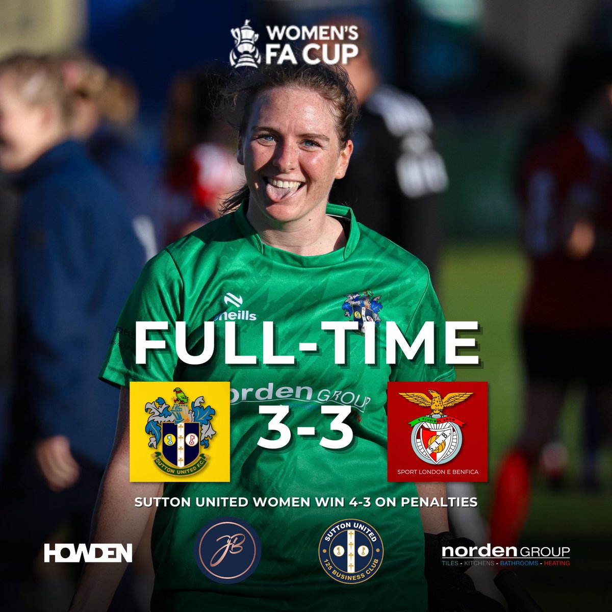 ⏱️ FULL-TIME 🆚 <a href="/SLBenficaFC/">Sport London e Benfica</a>

🟡🟤 3-3 🔴⚫️

⚽️ 4-3 on penalties ✅
 
👊 What a game! What a team! 💛

✨ Such incredible spirit to comeback from 2 down! 

🎩 Into the hat for the next round of the @FACupWomens! 

📸 <a href="/sjpphotographyy/">SJPPHOTOGRAPHY🎗⚽️🥊</a> 👌

#WomensFACup #SuttonUtdWomen
💛🤎