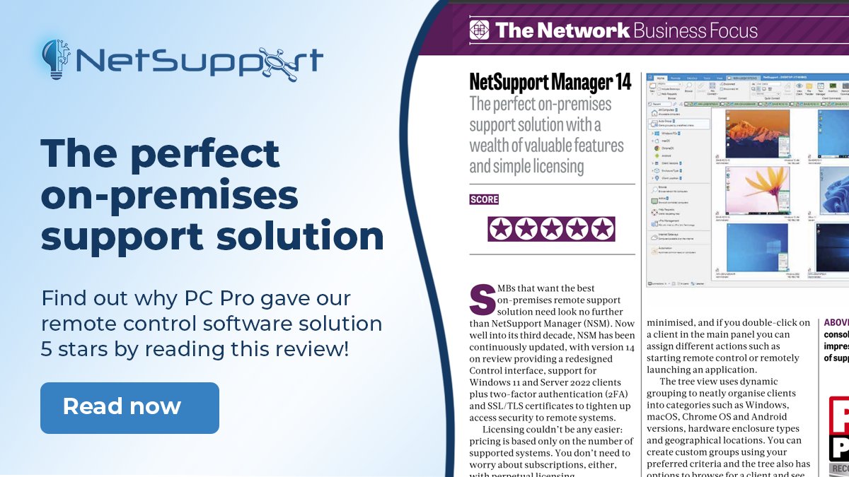 NetSupportNSM's tweet image. Did you catch @PCpro&apos;s recommendation of NetSupport Manager? They gave us 5/5 stars! Check out the review here mvnt.us/m1533508 

#PCProRecommends #RemoteSolution #ITManagament