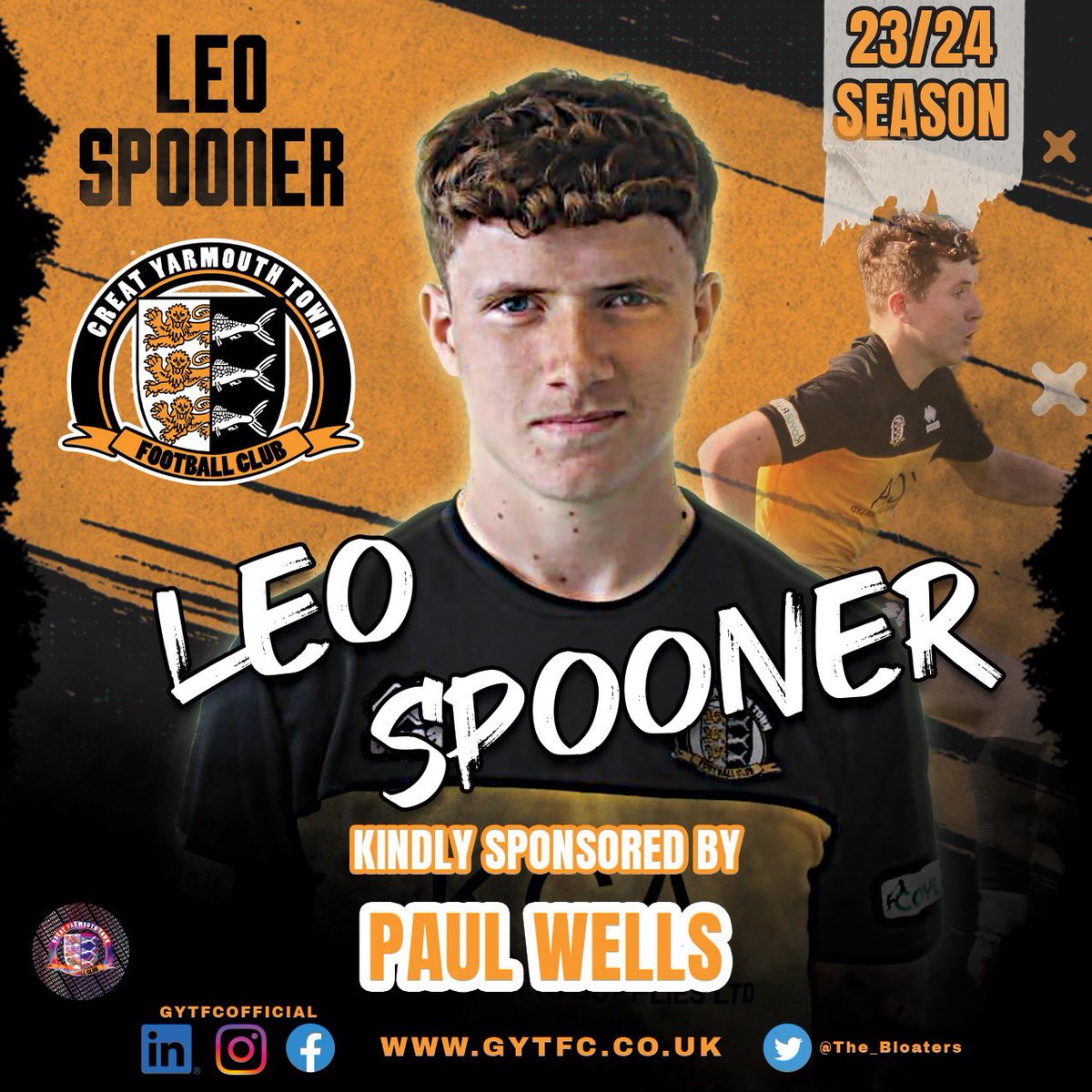 The_Bloaters's tweet photo. 🧡🖤SPONSORSHIP NEWS 
Huge thanks to  Paul Wells for his player sponsorship of Leo Spooner . Your kindness &amp; support is very much appreciated. 🧡🖤
#sponsorship #thebloaters #greatyarmouthtownfc #thewellesley #communityfootballclub https://t.co/wCGaDhzZY3