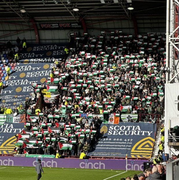 The Celtic away support with an unequivocal message of solidarity with Palestine

On Wednesday, we ask all fans to do the same again