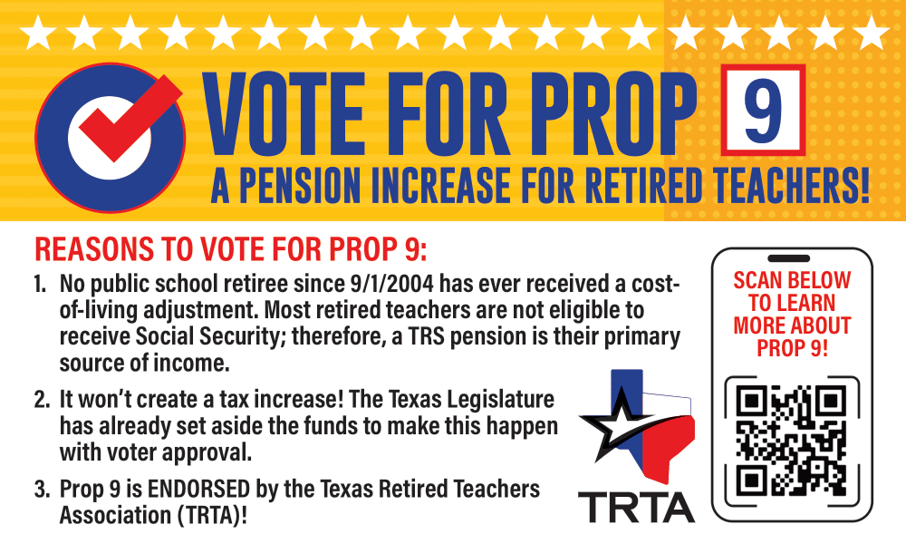 CasforTX's tweet photo. Make sure to vote for Prop 9 tomorrow, a pension increase for our retired teachers!
#FORPROP9 #hd115 #txlege https://t.co/uhrO6LBw7j