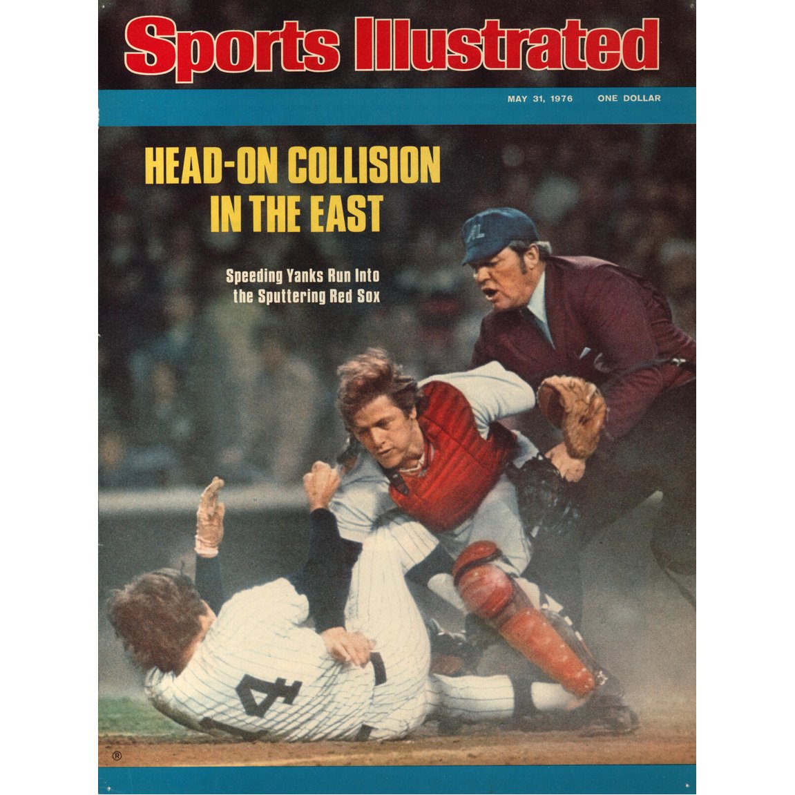 May 31, 1976 Sports Illustrated Cover: Carlton Fisk of the Boston Red Sox tags the New York Yankees’ Lou Piniella out at home plate at Yankee Stadium. Bronx, New York. #NeilLeifer #Photography #Baseball #Yankees #RedSox #YankeeStadium #SportsIllustrated #Players