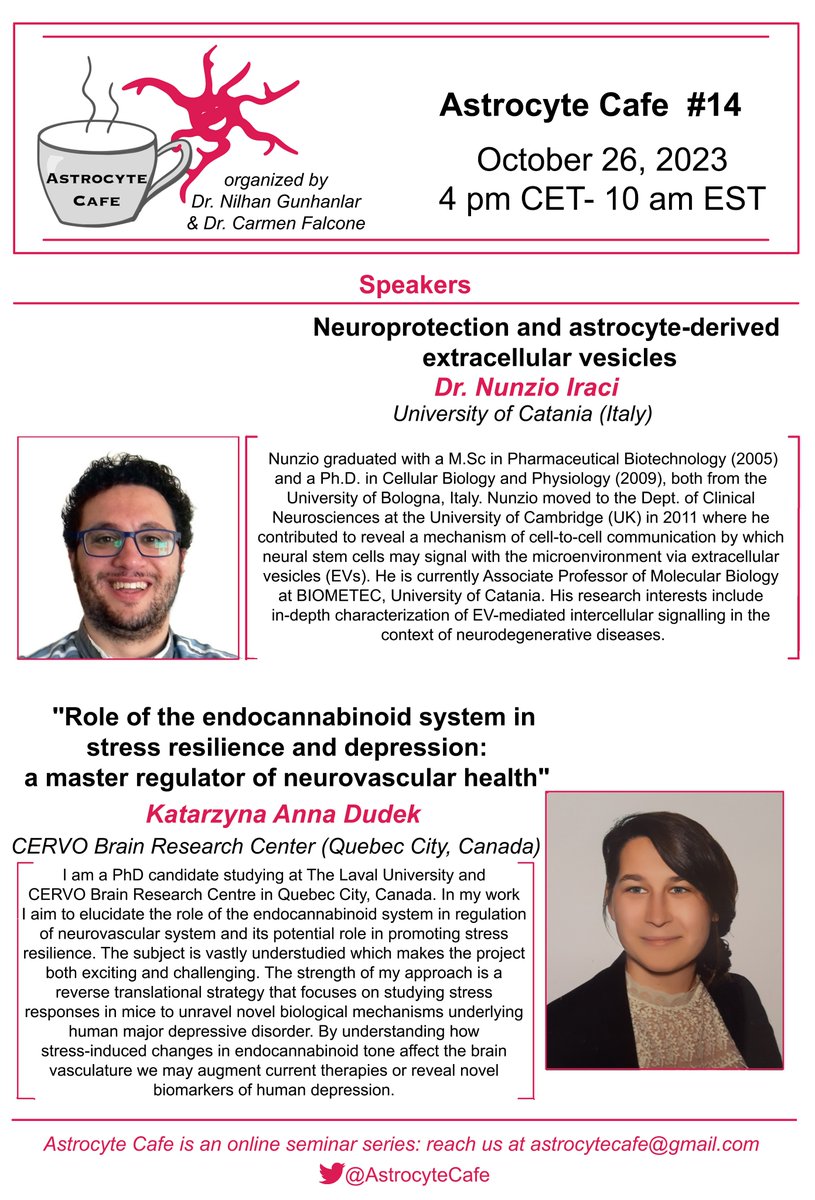 #AstrocyteCafe is starting again with its second edition!!!

Join us this Thursday @ 10 am EST/4 pm CET to hear the talks by Nunzio Iraci (@NNZ79) and Katarzyna Anna Dudek (@KatarzynaAnnaD1) 🤩

#astrocytes #ExtracellularVesicles #endocannabinoids