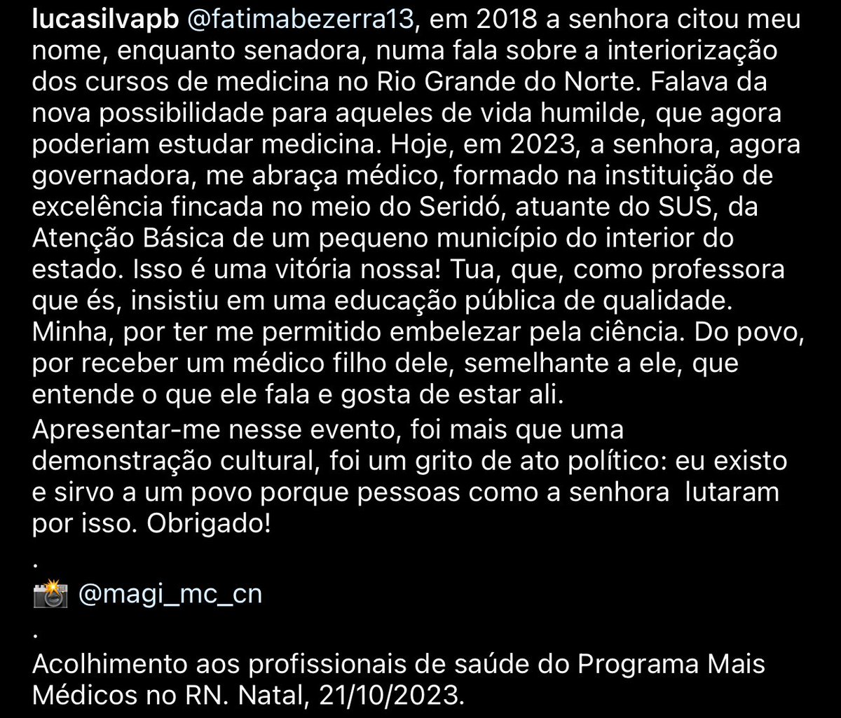 fatimabezerra's tweet photo. Olá, pessoal!

Olha que lindo esse post de Lucas Silva! Essa mensagem me emocionou demais. Médico formado pela EMCM/UFRN, graças a interiorização dos cursos de medicina no RN. Programa Mais Médicos da Presidenta @dilmabr e agora está de volta com Governo @LulaOficial 3.
+ https://t.co/x1953us7r4