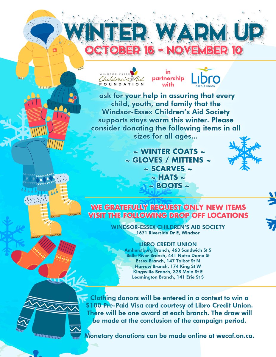 We invite you to ensure that every child, youth &amp; family that the Windsor-Essex Children’s Aid Society supports stays warm this winter.  Please consider donating the following NEW items in all sizes for all ages…Winter coats, Gloves/Mittens, Scarves, Hats, Boots
#yqg