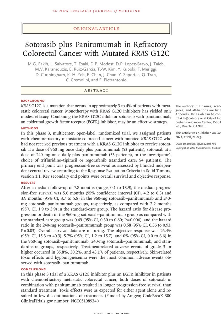 #ESMO23 #crcsm
🏅Presidential Session
📣CODEBREAK300 <a href="/FilippoPietran4/">Filippo Pietrantonio</a> 
Ph3 sotorasib (960mg or 240mg)+pmab vs SOC in refractory #KRASG12C n=161 (2:1), mFU 7m 
✅ mPFS <a href="/960mg/">LOREN</a> 5.6m v 2.2m, HR 0.47
✅ ORR <a href="/960mg/">LOREN</a> 26.4% v 0%
🔸 OS not mature
➡️ sotorasib 960mg + p’mab is a promising