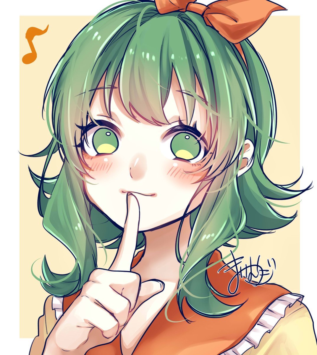 gumi 1girl solo green hair green eyes musical note finger to mouth orange shirt  illustration images