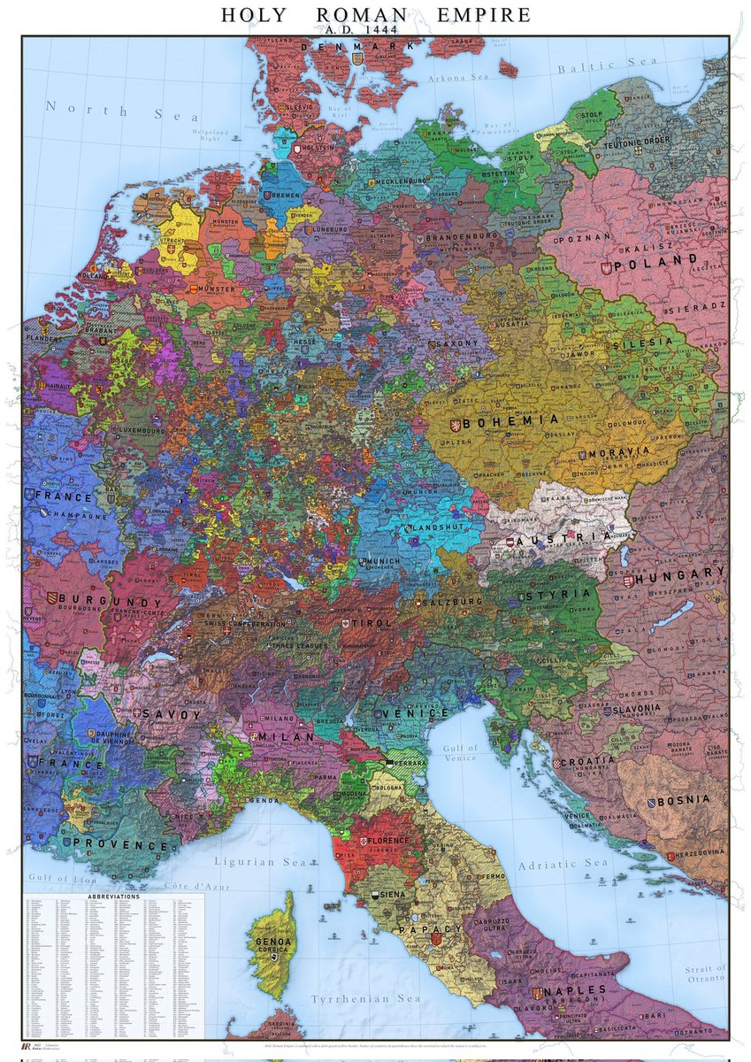 Here's a map of what comprised the Holy Roman Empire in 1444. Enjoy.
