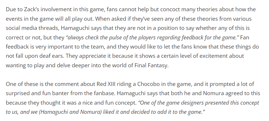 Hamaguchi says that fan feedback is very important to the team, and they would like to let the fans know that these things do not fall on deaf ears. They appreciate it because it shows excitement about wanting to play and delve deeper into the FF world. (onemoregame, 10/22)