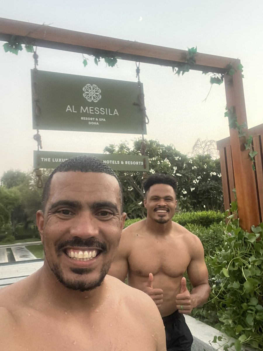 JuanDeJongh's tweet photo. "An unforgettable weekend getaway at @almessilaresortdoha Doha, where luxury meets serenity. 🌴
Thank you guys for looking after us @behindtheruck_ @rudy_paige 🇿🇦
#WeekendEscapes #AlMessilaDoha #LuxuryTravel" #Springboks #RugbyWorldCup #SeeSoon https://t.co/R9UvH2qmVo
