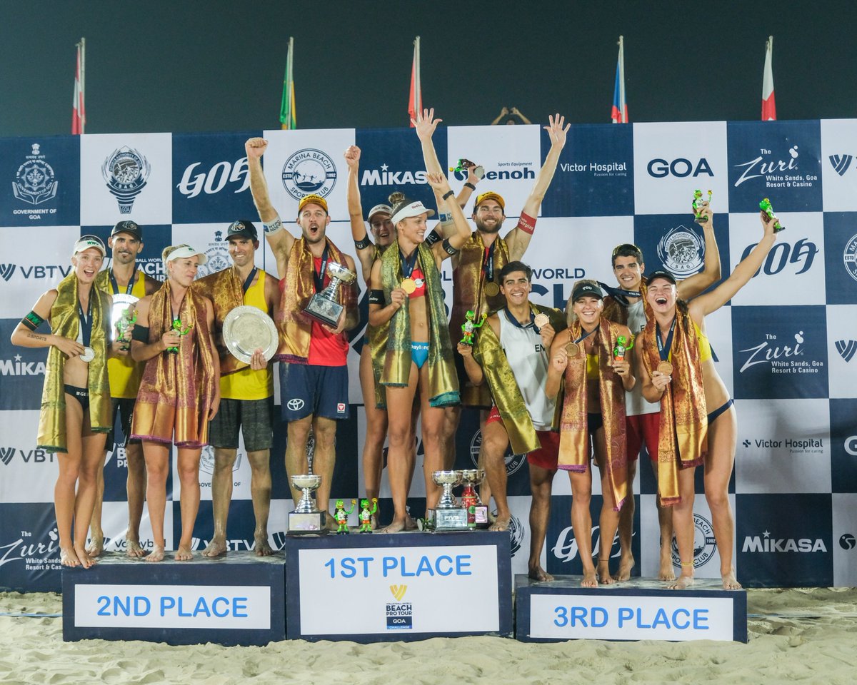 beachprotourgoa's tweet photo. Celebrating the champions of the Volleyball World Beach Pro Tour Goa Challenge! 🥇🥈🥉🏐

#volleyballworldbeachtour #beachprotourgoa #goachallenge #goa #volleyball #worldbeachprotour #challenge #goadiaries #goabeach #goatourism #beach #travel #beachvolley #beachvolleyball https://t.co/rhW4TNqJ58