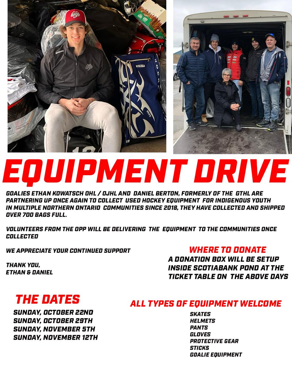 EQUIPMENT DRIVE 

Attention Fans, starting tonight we will have a donation box setup at the ticket table for the Equipment Drive setup by our goaltender Ethan Kowatsch