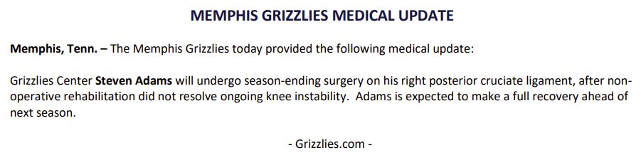 GrizzliesPR's tweet photo. The @memgrizz today provided the following medical update: https://t.co/dQnm8jUp9s