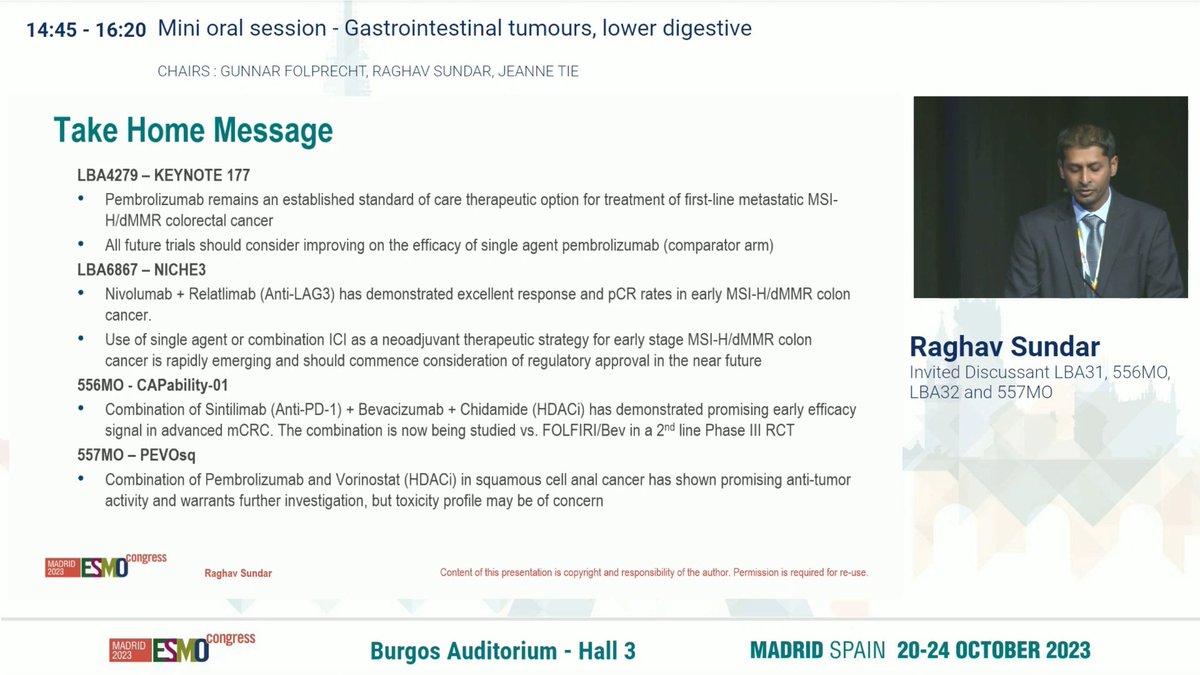 sundar__raghav's tweet photo. Grateful for the opportunity to discuss important data at #ESMO2023 on the rapidly growing role of immunotherapy in gastrointestinal cancer. Understanding tumor biology is key. @ChiaraCrem1 @FilippoPietran4 @LizzySmyth1 @MyriamChalabi @KlempnerSam @SaraLonardi1 @PamelaKunzMD https://t.co/G8A8Sjta5L